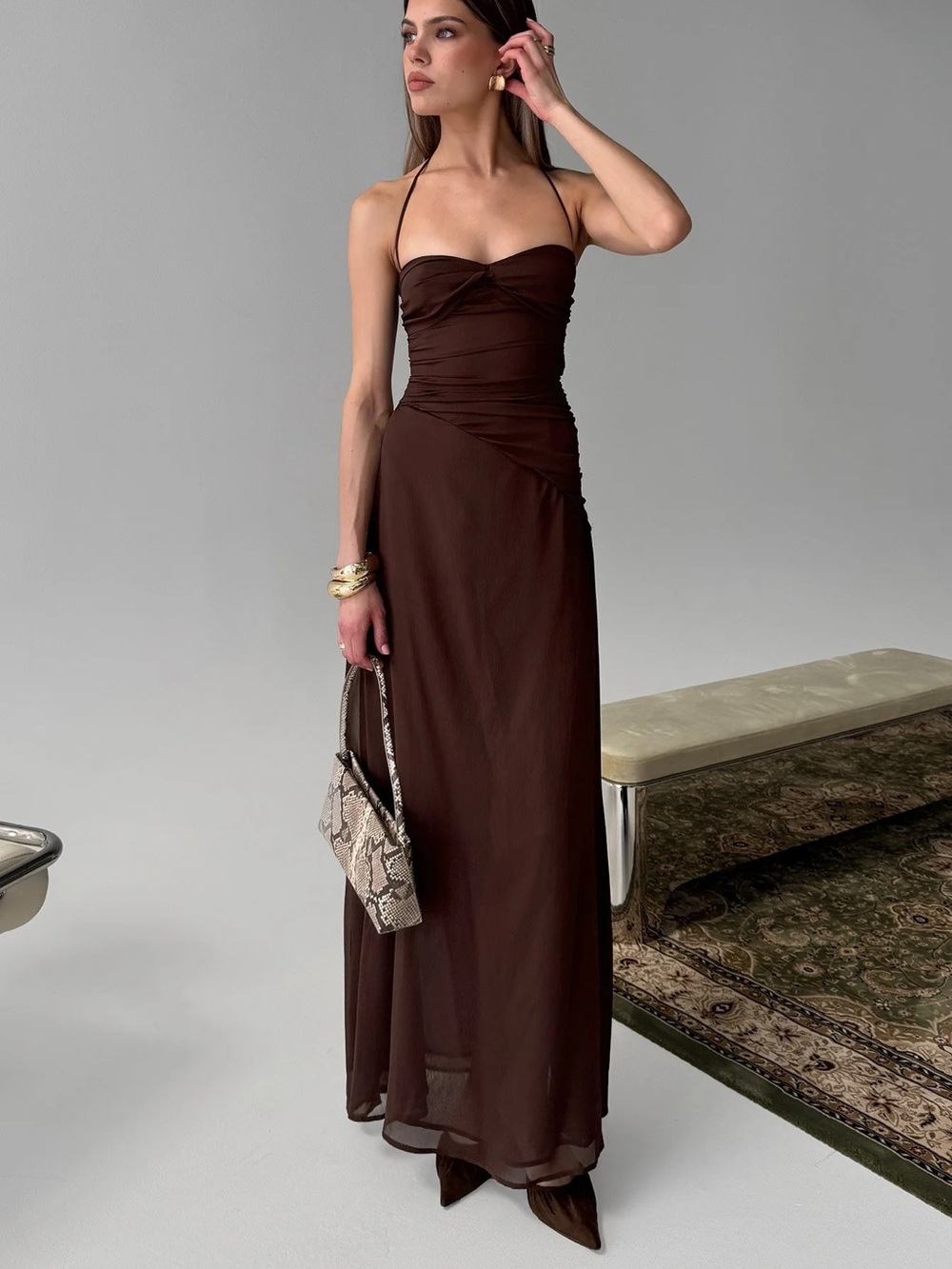Princess Polly Kaemila Halter Chiffon Maxi Dress Brown